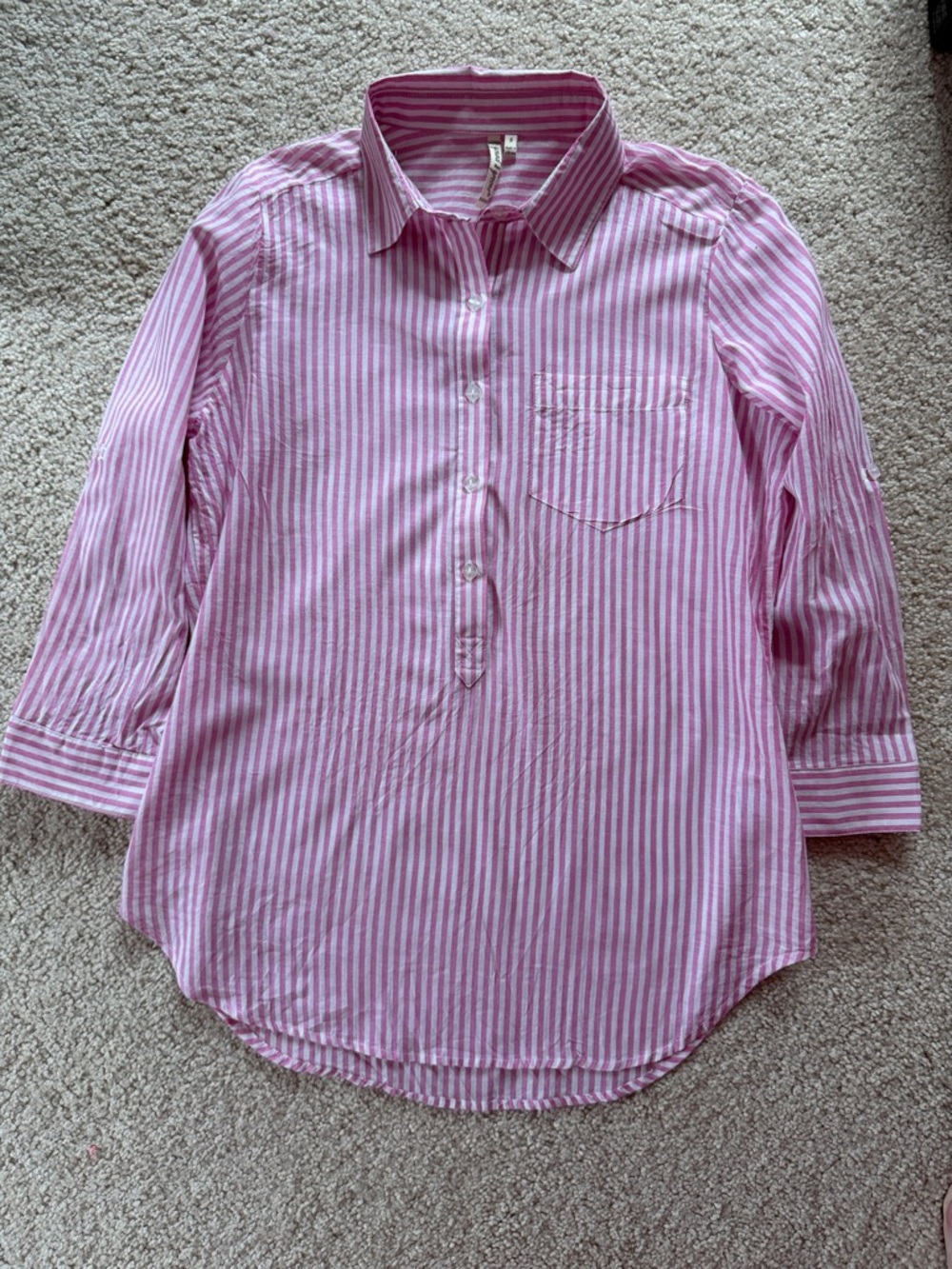 Grand & Greene 100% Cotton Pink and White Striped Button-Front Popover Shirt